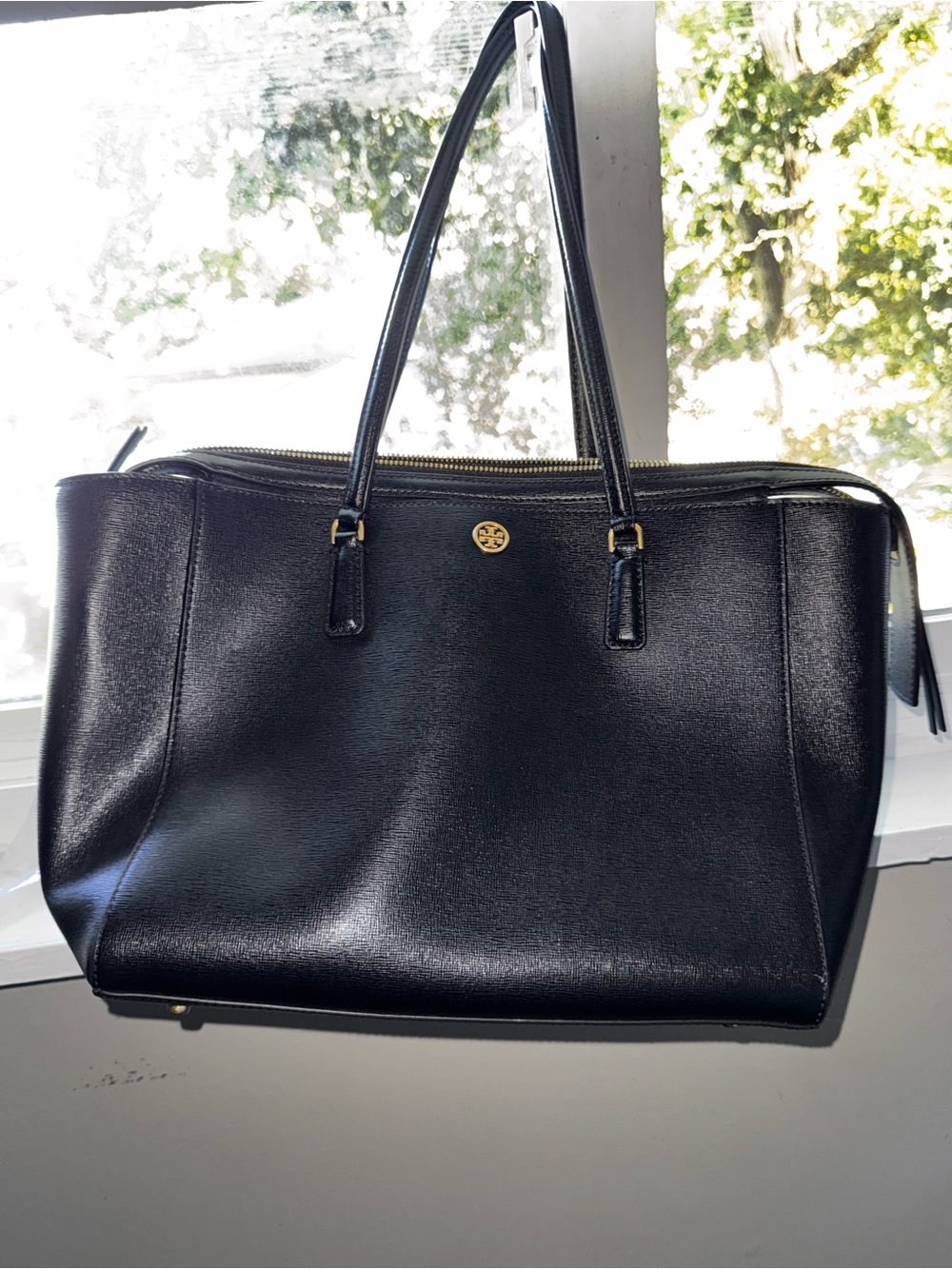 Tory Burch Black Leather Double-Handle Tote with Gold Logo Accent